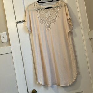 Serena, light peach colored with white lace trim, cotton long nightgown. L